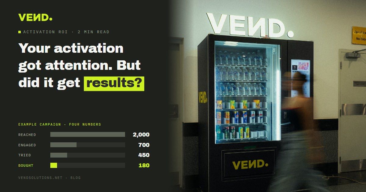VEND smart vending machine in a mall with activation results: 2,000 reached, 700 engaged, 450 tried, 180 bought