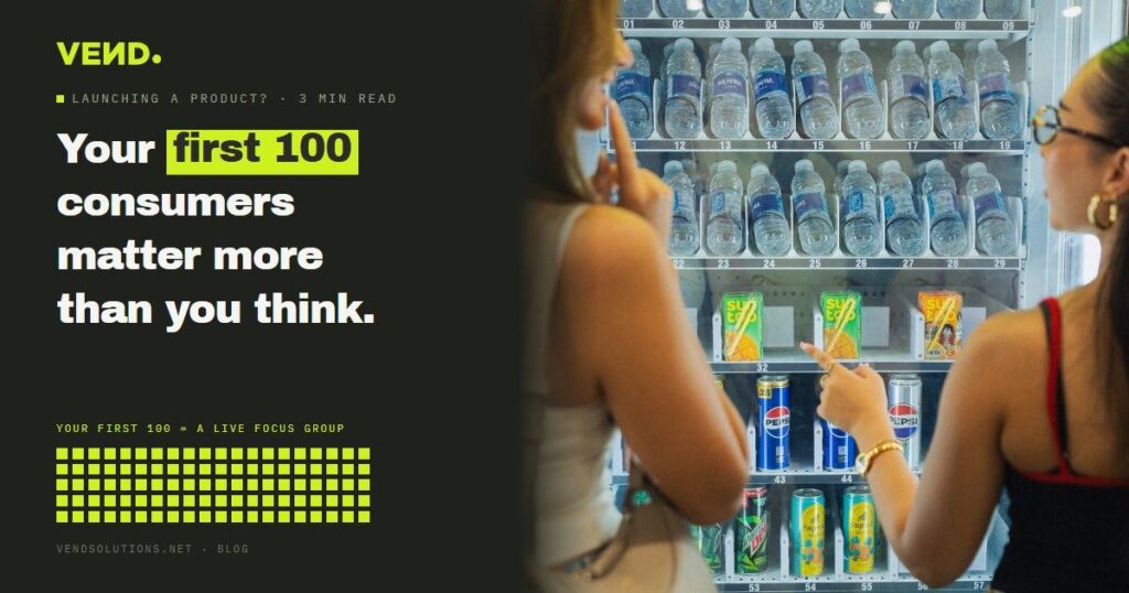 Two shoppers choosing products from a VEND smart vending machine during a product launch